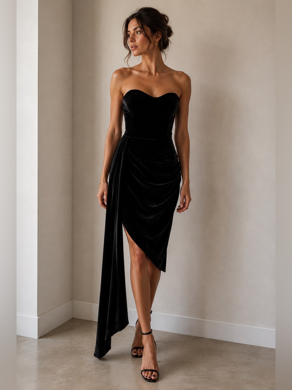 Rasario Strapless Black Velvet Evening Dress